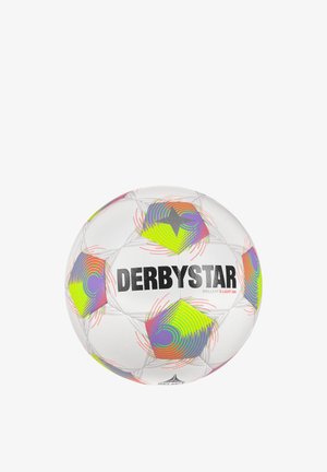 Pallone da calcio bianco Derbystar con motivi di stelle colorati in verde, viola, arancione e rosso, con la scritta "DERBYSTAR" in caratteri neri grassetto.
