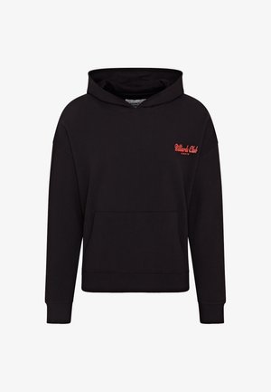 Zwarte katoenen hoodie met een voorzak, geribbelde manchetten en zoom. Voorzien van een rood "Billiard Club" tekstlogo op de linkerborst.