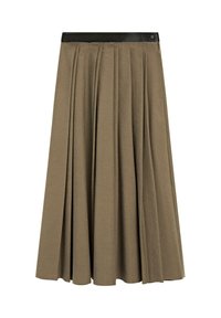 Gonna plissettata khaki realizzata in tessuto testurizzato, con vita nera e chiusura con zip, dal design ampio e fluido.
