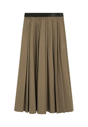 Khaki plisseret nederdel lavet af tekstureret stof, med en sort talje og lynlås lukning, samt et fyldigt og flydende design.