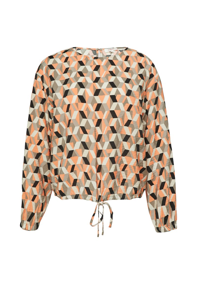 Langarm-Bluse mit lockerer Passform aus leichtem Material. Sie verfügt über ein geometrisches Muster in Pfirsich, Grau, Schwarz und Creme. Mit Kordelzug am Saum.