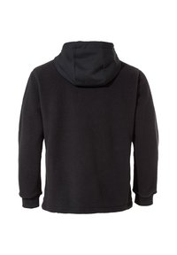 Giacca in pile nera con cappuccio, caratterizzata da una texture morbida, maniche lunghe e polsini a costine. Il retro presenta un design semplice e liscio.