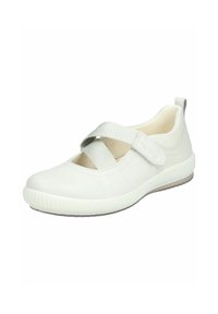 Scarpa sintetica bianca con punta tonda, dotata di un design a doppia fascia realizzata in materiale elastico e una suola in gomma texturizzata.