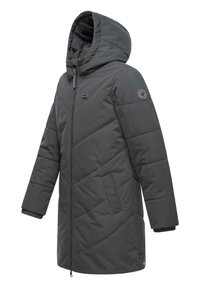 Cappotto imbottito grigio scuro con cappuccio, caratterizzato da un motivo trapuntato diagonale, zip frontale e due tasche laterali con polsini a coste.