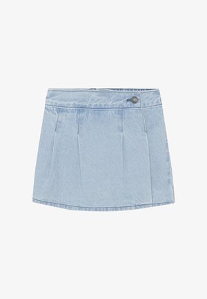 Jasnoniebieska mini spódnica jeansowa o starannie zaprojektowanym kroju, z plisami z przodu, zapinana na guziki, z gładkim wykończeniem dolnej krawędzi.