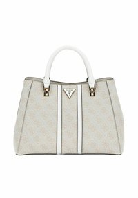 Borsa tote con un esterno beige testurizzato, dettagli bianchi e hardware dorato. Presenta un logo triangolare e un design a motivi sottili.