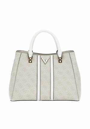 Borsa tote con un esterno beige testurizzato, dettagli bianchi e hardware dorato. Presenta un logo triangolare e un design a motivi sottili.