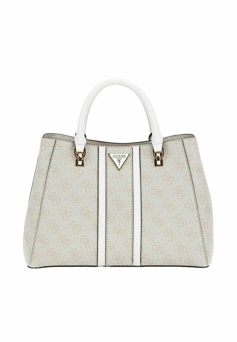 Borsa tote con un esterno beige testurizzato, dettagli bianchi e hardware dorato. Presenta un logo triangolare e un design a motivi sottili.