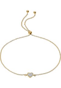Goldene Kettenarmband mit einem herzförmigen Zentrum und einer Kristalleinlage, verstellbare Länge mit zwei kugelförmigen Enden.