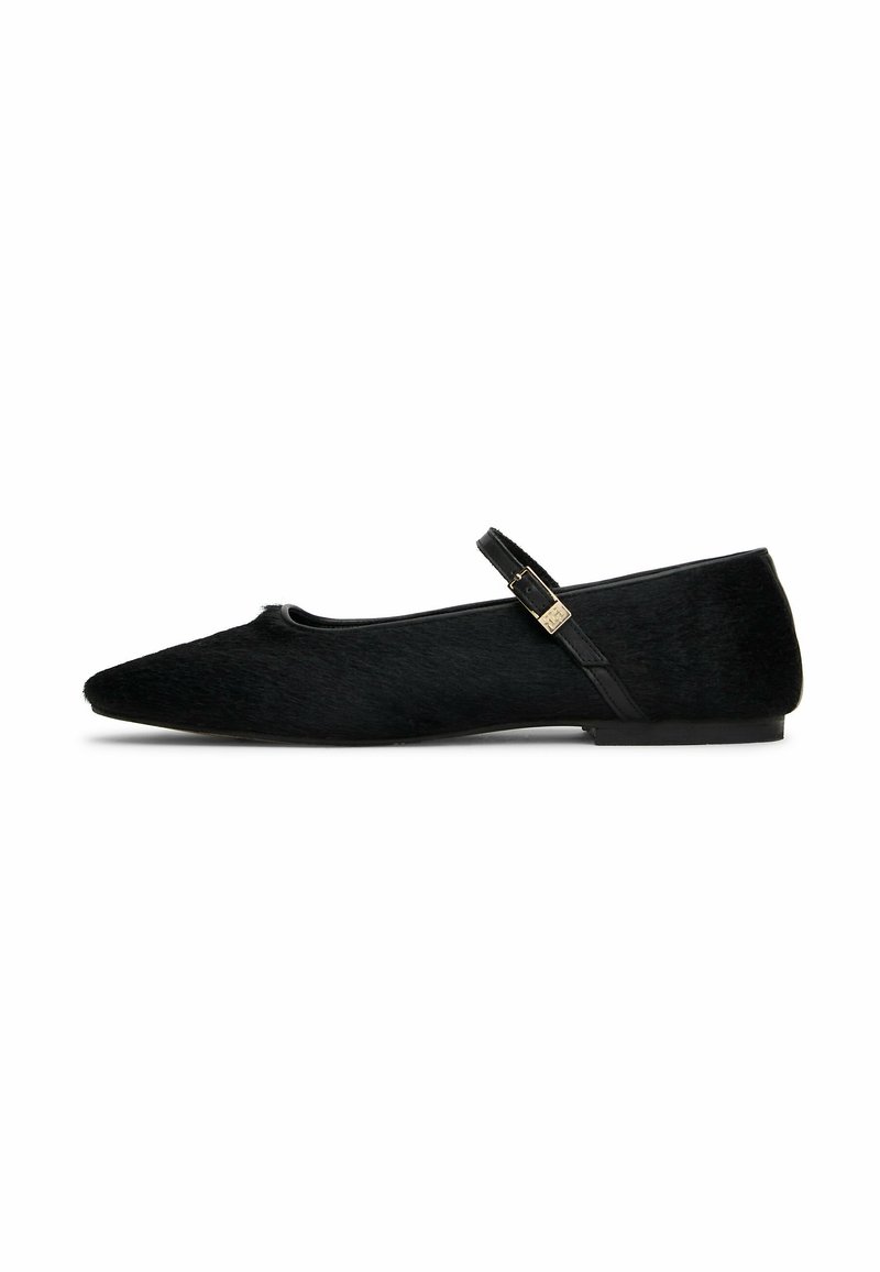 Zapato plano Mary Jane negro puntiagudo con una delgada correa ajustable y hebilla dorada sobre un fondo blanco.