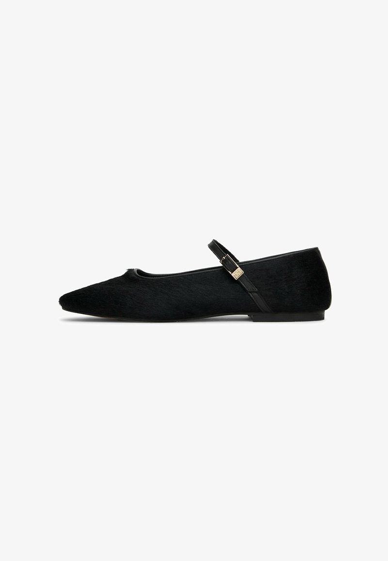 Zapato plano Mary Jane negro puntiagudo con una delgada correa ajustable y hebilla dorada sobre un fondo blanco.