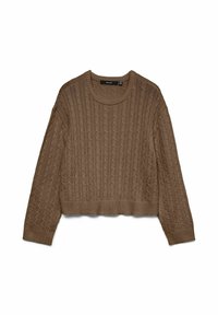 Brązowy sweter w splot warkoczowy z długimi rękawami i ściągaczami przy mankietach, dekolcie i dolnej krawędzi, położony na białym tle.