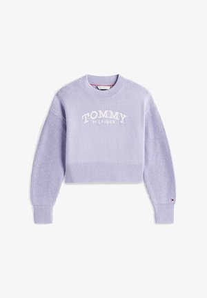 Maglione corto in maglia lilla con la scritta "Tommy Hilfiger" ricamata in bianco sul petto e polsini e orlo a coste.