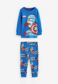 Blaues Schlafanzugset mit einem langärmligen Oberteil mit einem Captain America-Motiv und gemusterten Hosen mit wiederholten Captain America-Designs.