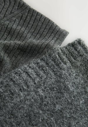 Gray knit fabric sections, one with vertical ribbing and the other with a fuzzy, textured finish. Both exhibit various shades of gray.