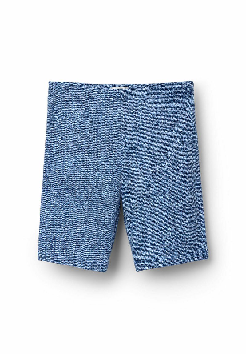 Kraťasy ve stylu modrého denimu s texturovaným tkaním, rovného střihu a plochým pasem. Bez viditelných zapínání nebo kapes.