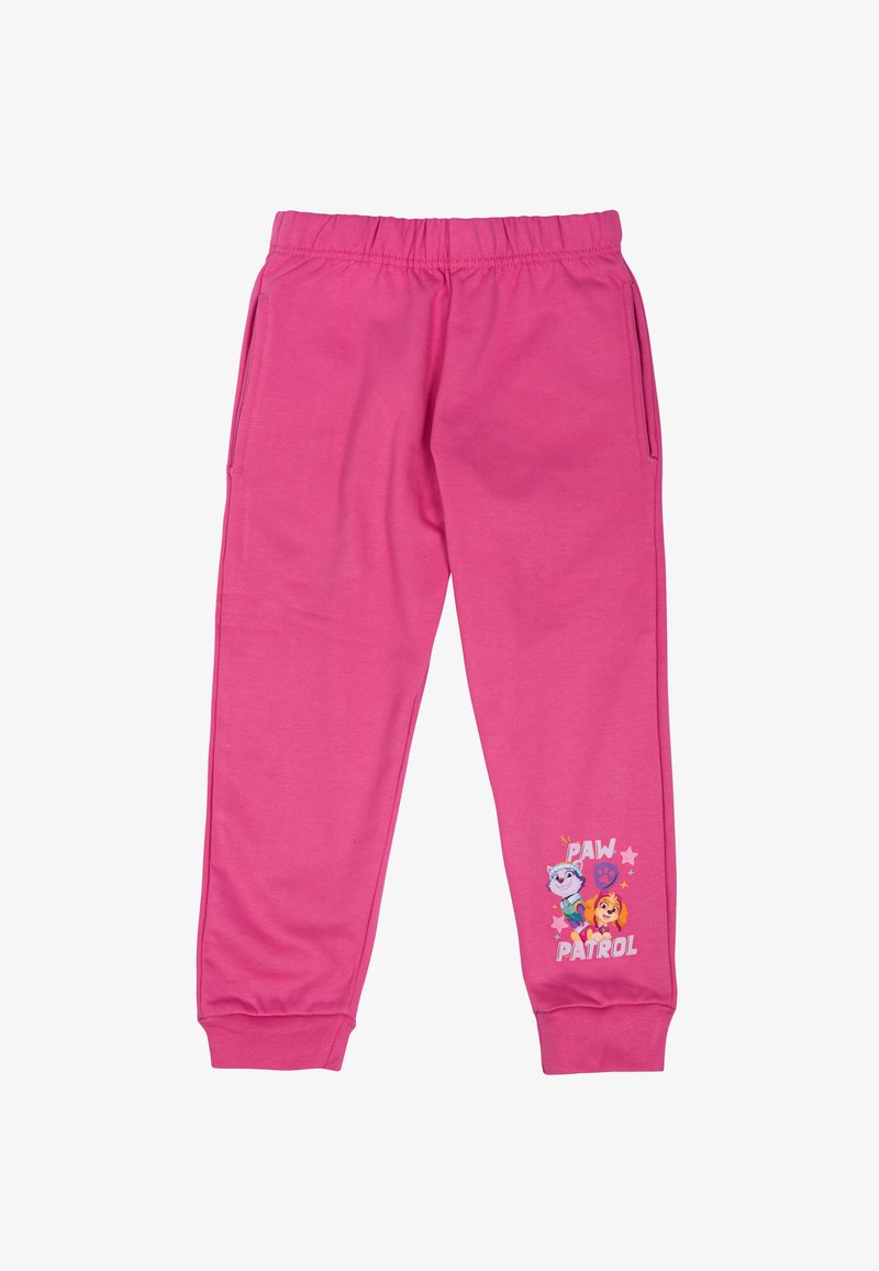 Pantaloni sportivi rosa realizzati in morbido cotone, con un cinturino elastico, tasche laterali e una stampa colorata del "Paw Patrol" sulla parte inferiore della gamba.