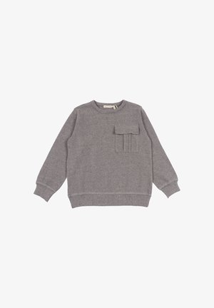Felpa grigia con collo rotondo, maniche lunghe, polsini a coste e una tasca con pieghe verticali sul davanti. Tessuto morbido.