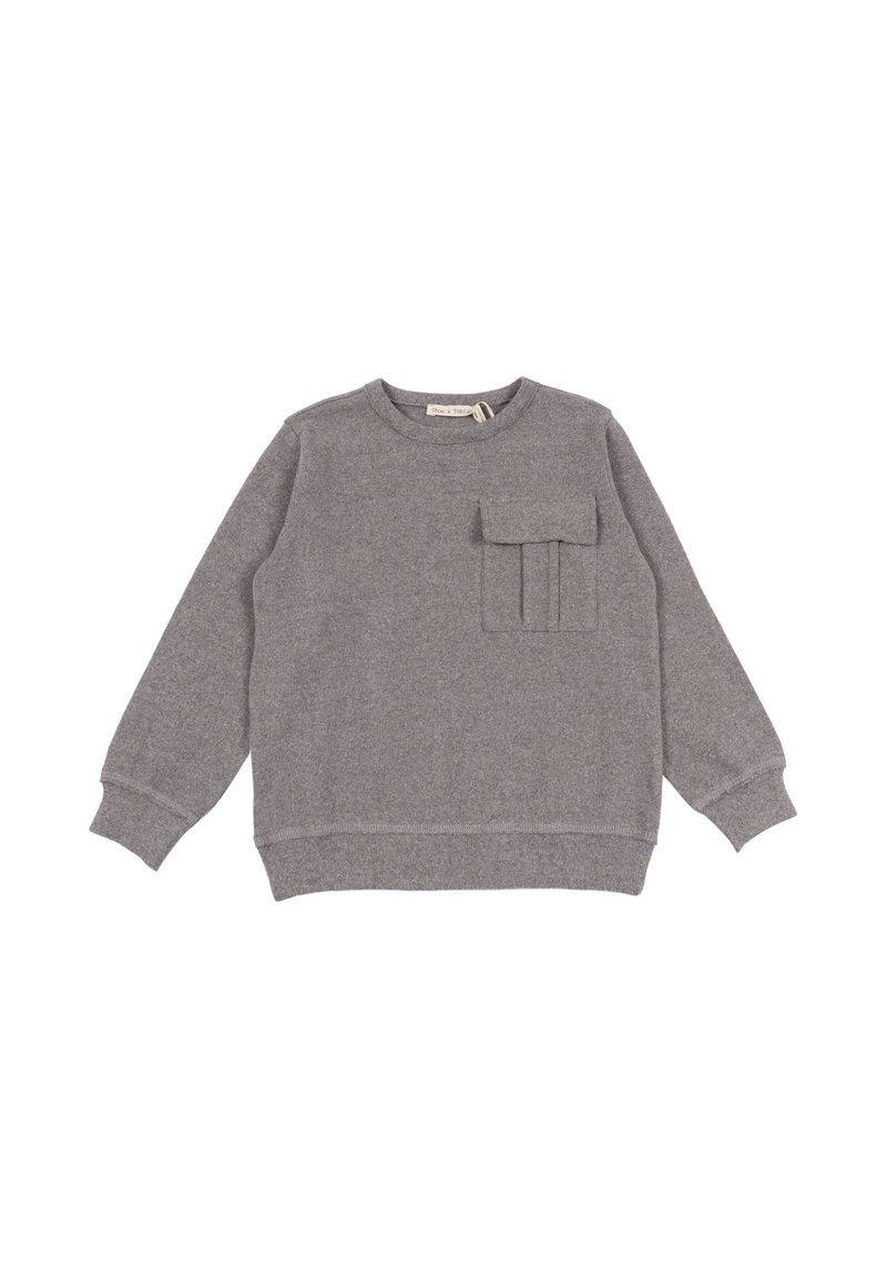 Felpa grigia con collo rotondo, maniche lunghe, polsini a coste e una tasca con pieghe verticali sul davanti. Tessuto morbido.