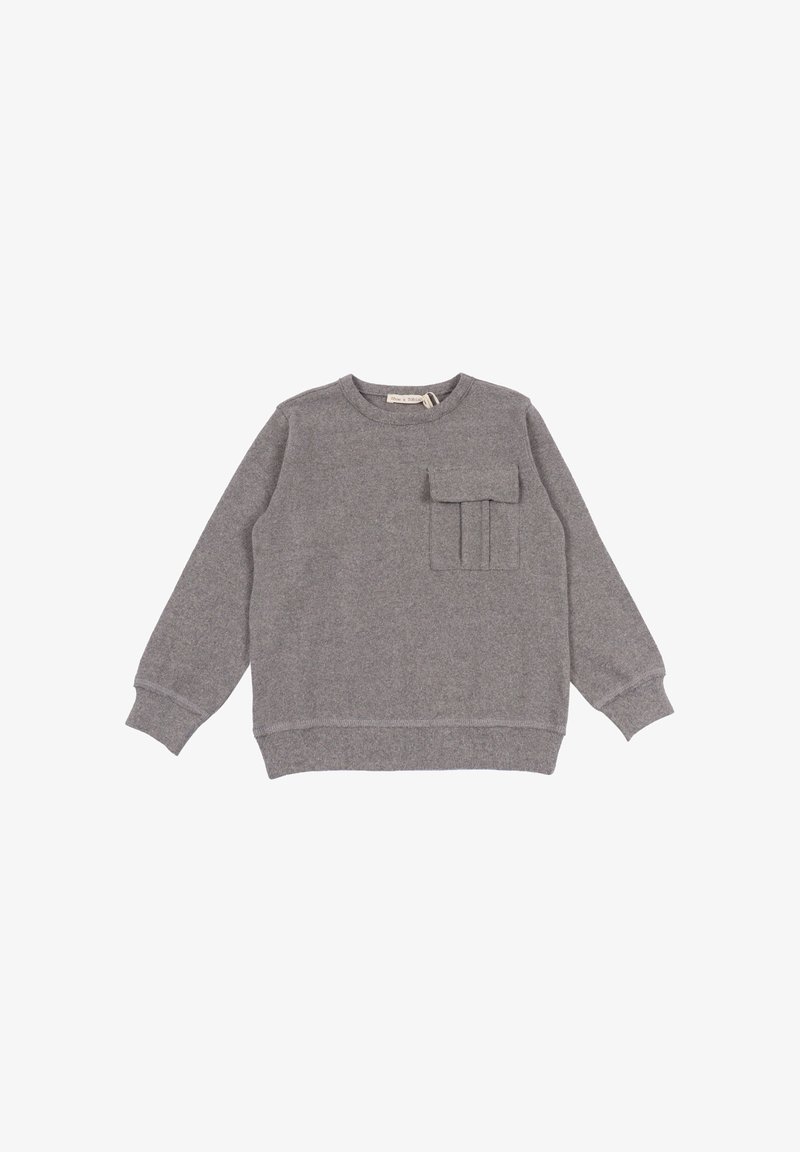 Felpa grigia con collo rotondo, maniche lunghe, polsini a coste e una tasca con pieghe verticali sul davanti. Tessuto morbido.