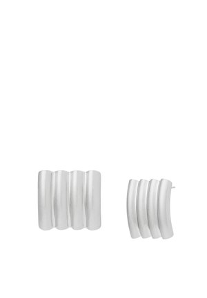 Silver-toned earrings with four curved vertical bars forming a wave-like rectangular shape, shown from front and side angles.