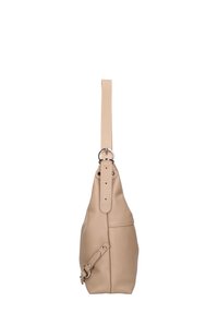 Beige leren handtas met een gestructureerd oppervlak, een verstelbare schouderband en metalen hardware. Voorzien van een zijbuckle-detail en een gestructureerde vorm.