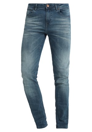 Slim-fit blauwe denim jeans met een vervaagd waseffect, vijf zakken, knoopsluiting en gestikte details langs de naden.