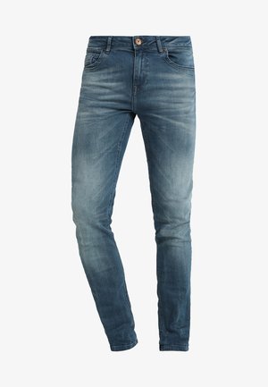 Slim-fit blauwe denim jeans met een vervaagd waseffect, vijf zakken, knoopsluiting en gestikte details langs de naden.