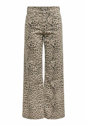 Bredde ben bukser med beige og sort leopardprint, frontknap og lynlås lukning samt standardlommer.