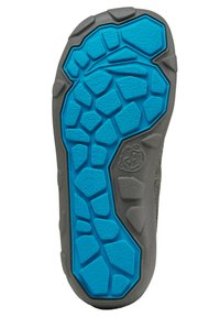 Shoe sole with a gray rubber base and bright blue textured detailing in a geometric pattern, featuring pronounced traction elements.