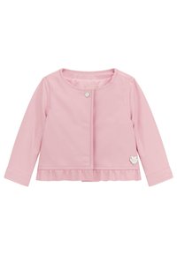 Różowa kurtka dla niemowląt z długim rękawem, okrąg�łym dekoltem, pojedynczym zapięciem na zatrzask, falbanką u dołu oraz małą serduszkową metalową ozdobą z przodu.