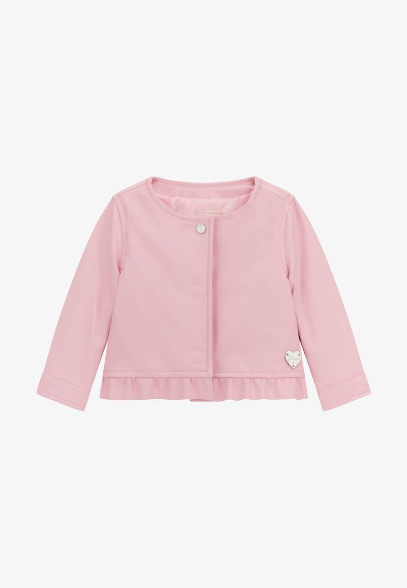 Veste à manches longues rose pour enfant en bas âge avec col rond, bouton-pression unique, ourlet à volants et petite embellissement en métal en forme de cœur sur le devant.