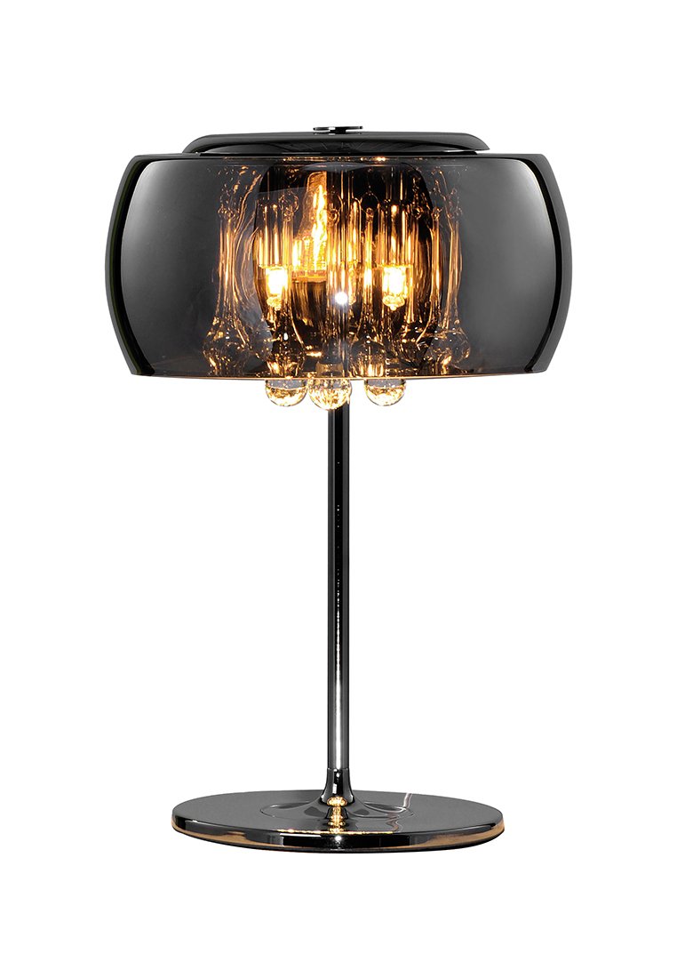 Svart glastaklampa med rund skärm, krombas och synliga glödlampor. Har en elegant, modern design med glasdetaljer.