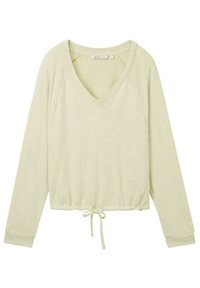 Hellgrünes Langarmoberteil mit V-Ausschnitt, gerafftem Saum und Kordelzug. Weicher Stoff und leicht lockere Passform.