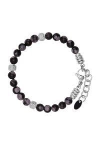 Bracciale con perline nere e accenti in argento, caratterizzato da perle rotonde e separatori con texture, chiuso da un moschettone e catena regolabile.