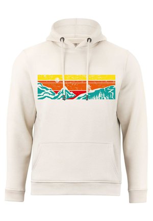 Cremefarbene Kapuzenjacke mit einem mehrfarbigen Grafikdesign von Bergen, Sonne und Bäumen in Gelb, Orange, Türkis und Rot. Mit einer Vordertasche.