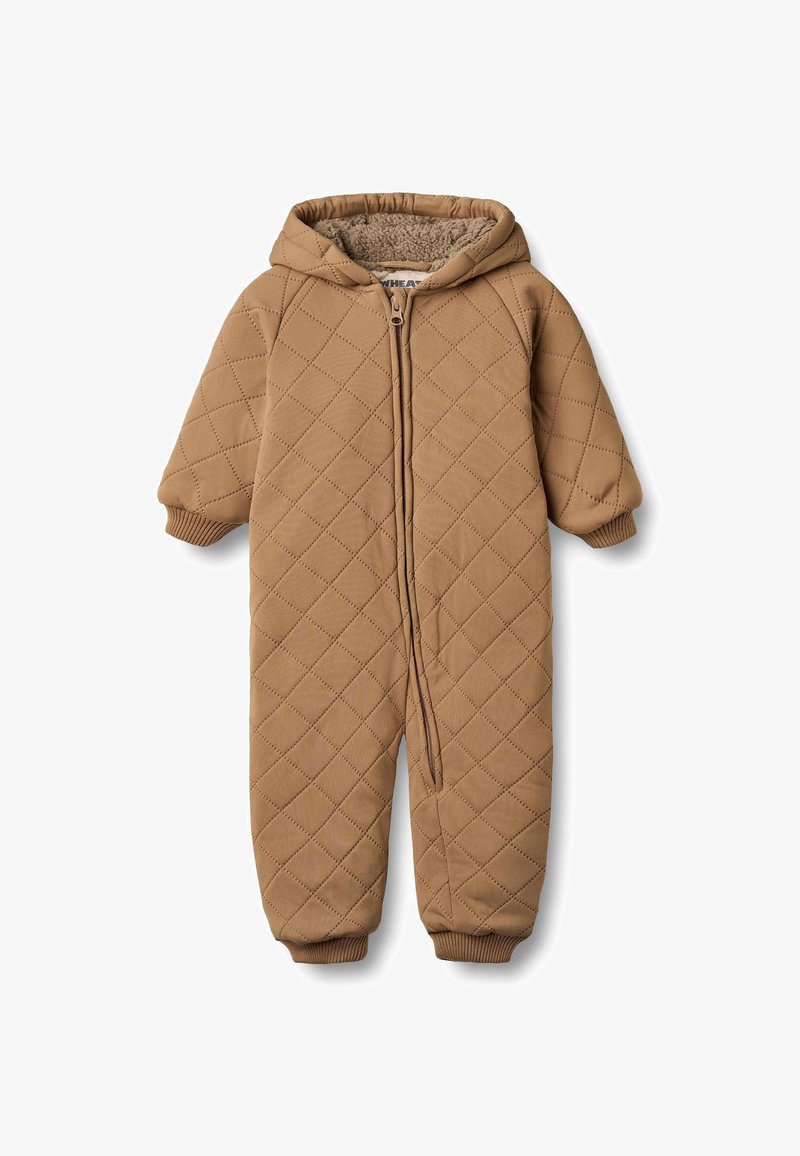 Quiltad brun babyoverall med huva, frontdragkedja och fleecefoder, med ribbade muddar på ärmar och anklar.