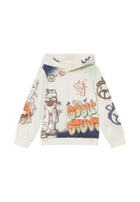 Kremowy hoodie z bawełny z kolorowymi nadrukami w stylu graffiti. Posiada kaptur i długie rękawy. Akcenty obejmują wyraźny tekst i ilustrowane postaci.