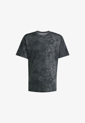 T-shirt à manches courtes et col rond, de couleur gris foncé avec un motif marbré. Fabriqué en tissu texturé, présentant une coupe décontractée et sans logos visibles.