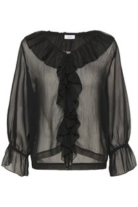 Camicia nera trasparente con collo e parte anteriore arricciati, maniche a tre quarti con polsini arricciati e vestibilità leggermente ampia.