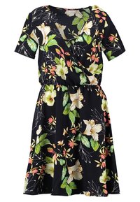 Svart kortärmad omlotklänning med grönt, vitt och rosa blommönster samt elastisk midja.