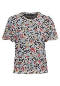 Blommig kortärmad blus med svart bakgrund, som har röda, blå och gula blommor på ett lätt tyg. Rund halsringning, avslappnad passform.