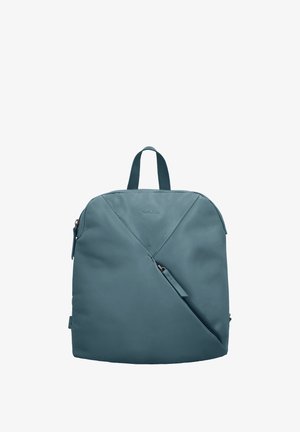 Blue leather backpack with top handle and diagonal front zipper pocket, shown against a white background.