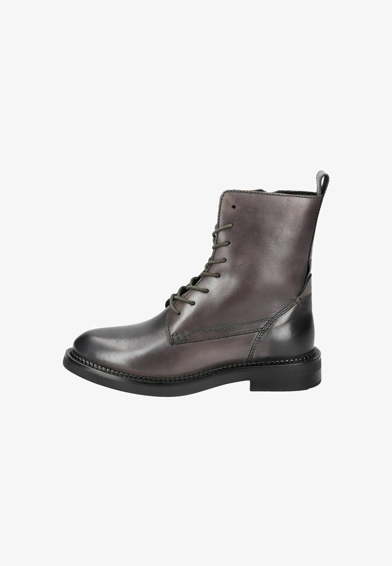 Bottines en cuir grises, avec un système de laçage à l'avant, un bout arrondi et une finition texturée. Semelle robuste avec des détails de couture discrets.