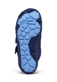Suela de zapato azul marino con un dibujo texturizado en color azul claro. Presenta un borde sólido y un pequeño logo, marcado en tamaño 28.