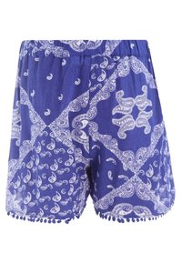 Fioletowe szorty w białe wzory paisley, z elastycznym, marszczonym pasem i wykończeniem z pomponów wzdłuż dołu. Lekki materiał.
