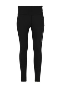 Musta joustava legginsit, joissa on korkea vyötärö, litteät saumat, sivutaskut ja hillitty logo-printti reidessä. Sileä, kevyt materiaali.