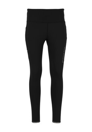 Sorte strækleggings med høj talje, flade sømme, sidelommer og et diskret logo print på låret. Glat, let materiale.