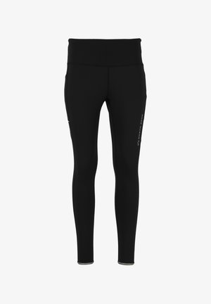 Sorte strækleggings med høj talje, flade sømme, sidelommer og et diskret logo print på låret. Glat, let materiale.