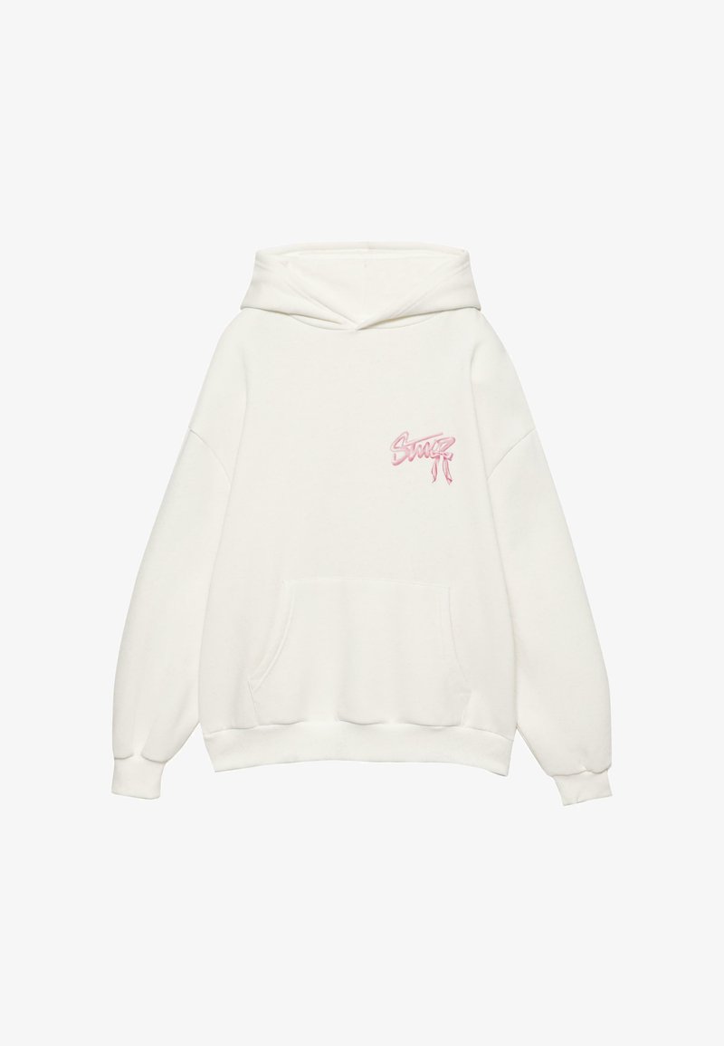 Felpa bianca con cappuccio, realizzata in morbido tessuto, caratterizzata da una tasca frontale e un logo ricamato rosa sul lato sinistro del petto. Vestibilità relax e polsini a costine.